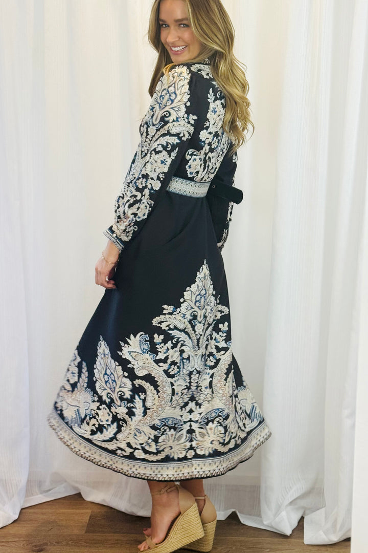 Lopez Embroidered Print Maxi Dress in Black