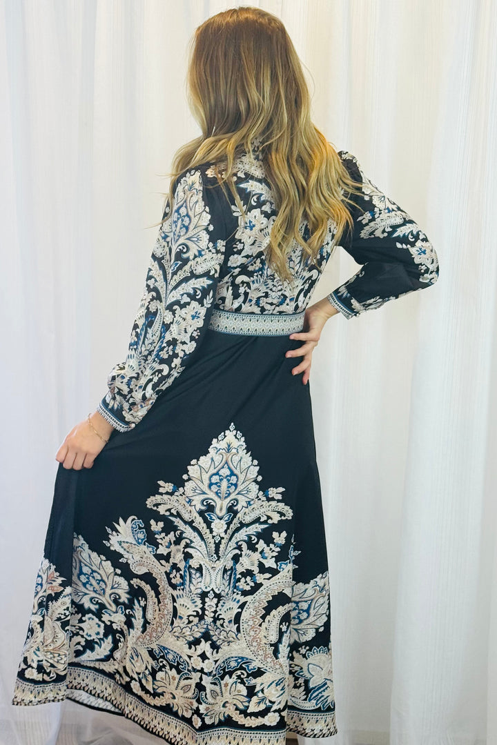 Lopez Embroidered Print Maxi Dress in Black
