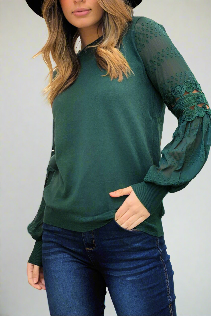 Molli Knit Top Detailed Sleeve in Bottle Green