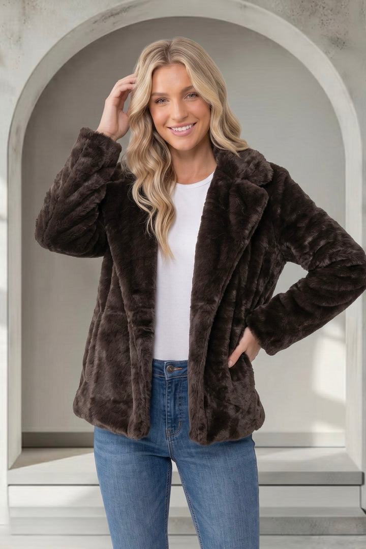 Kayla Faux Fur Jacket in New Chocolate colour
