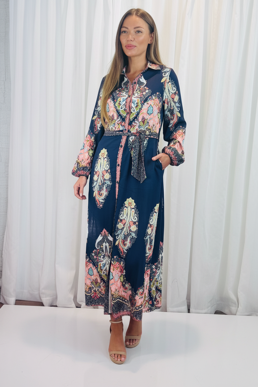 Gidget Long Sleeve Dress in Navy Multi Print