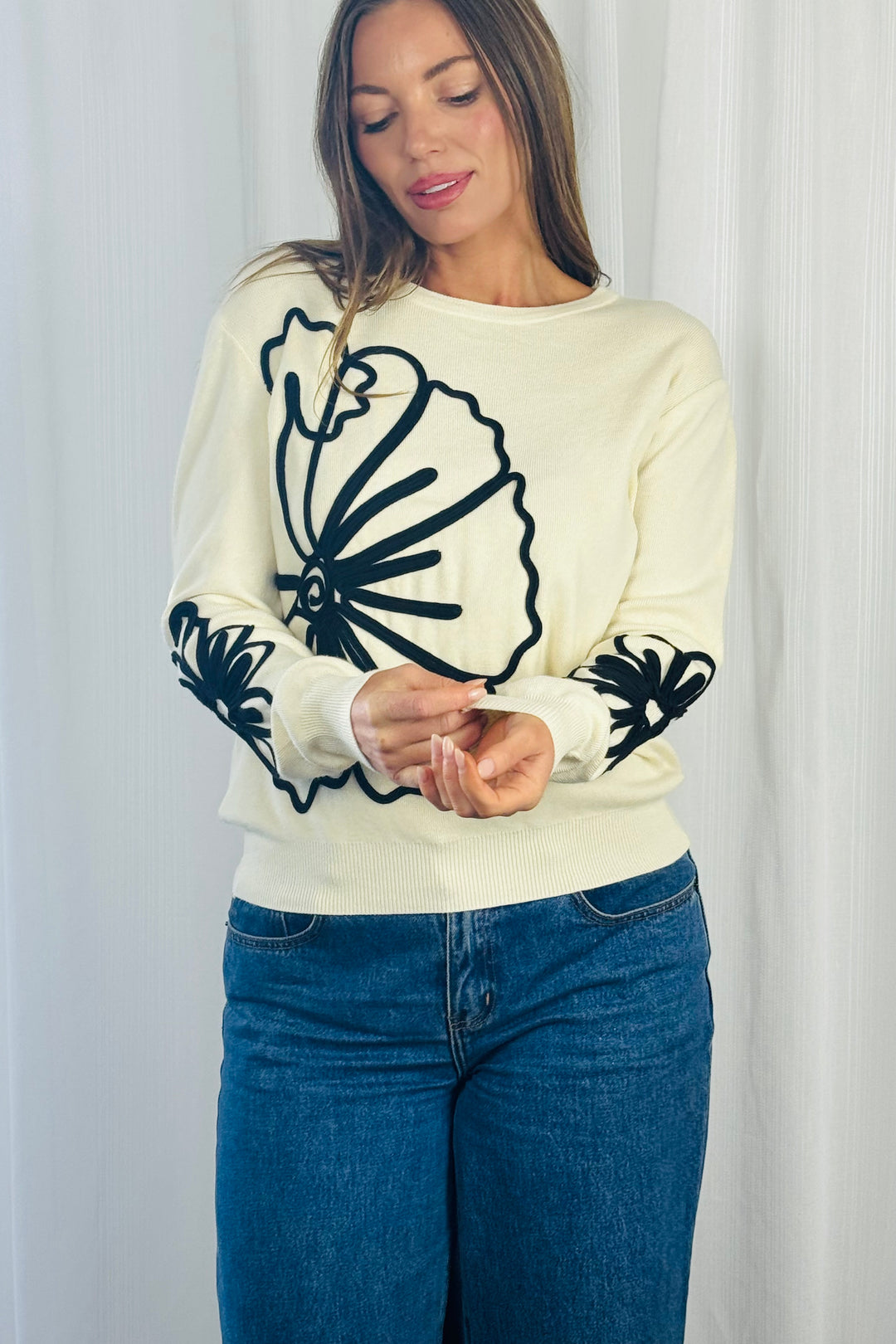 Sienna Knit Top in Cream with Floral Design.