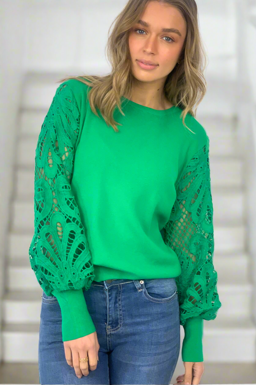 Naomi lace sleeve top in green.