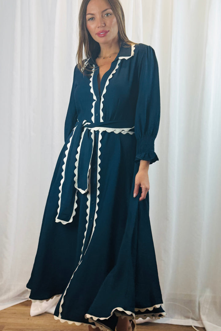 Shyla Dress in Navy with White Trimming
