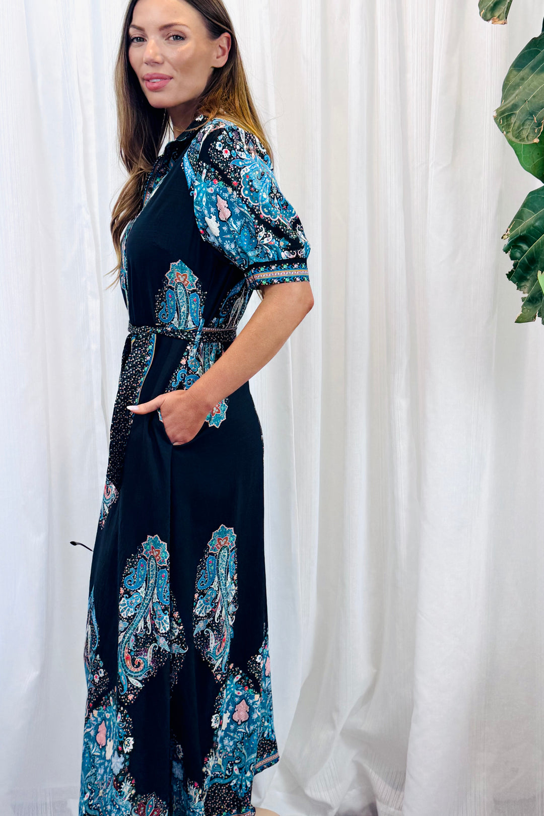 Gidget Shirt Dress in Black and Blue Print