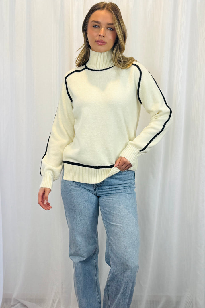 Angie High Neck Knit in Cream With Black Detail