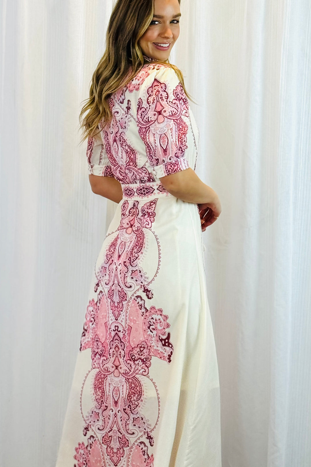 Eden Off White Dress With Pink Embroidered Print