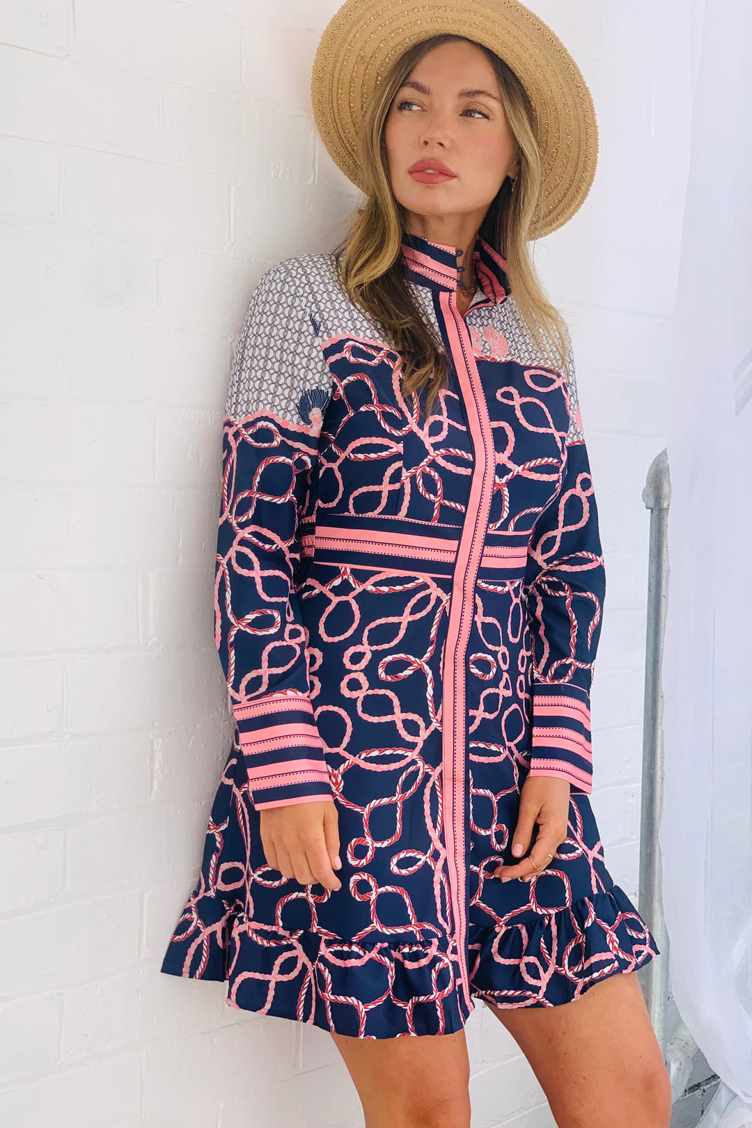 Ivy Short Dress In Navy and Pink Chain Print