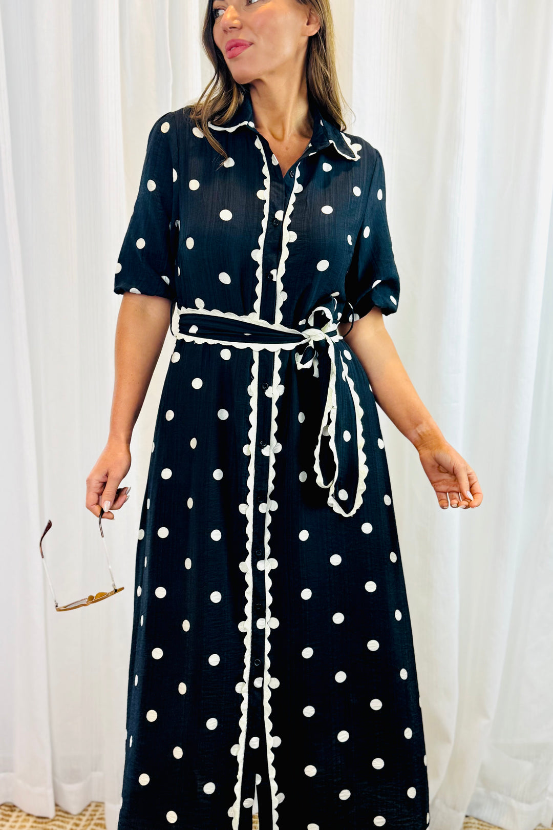 Shyla Black and Off White Polka Dot Dress