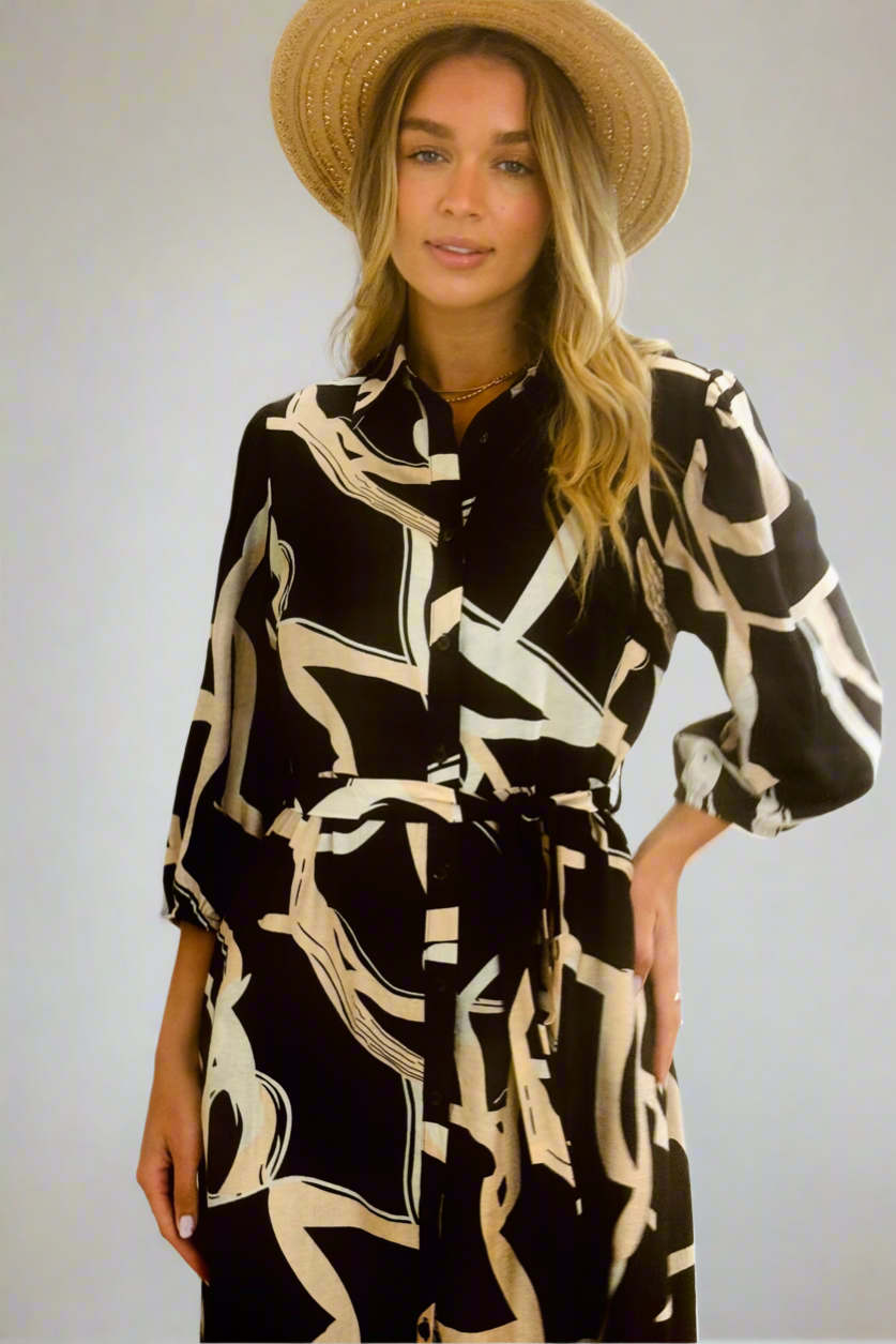 Marlow Midi Shirt Dress in Black and Cream Print   ( New Print)