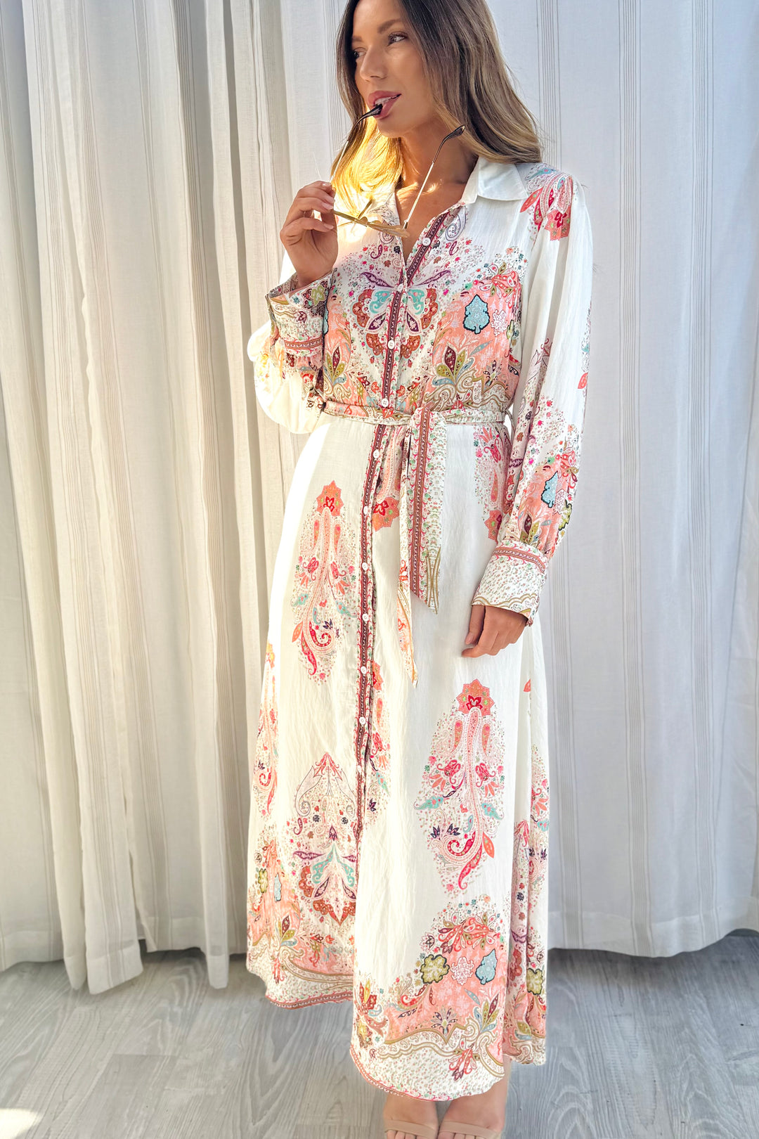 Gidget Embroidered Print Dress in Off White