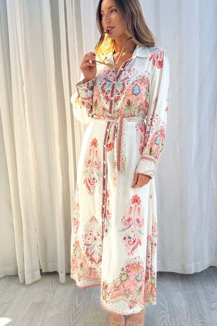 Gidget Embroidered Print Dress in Off White