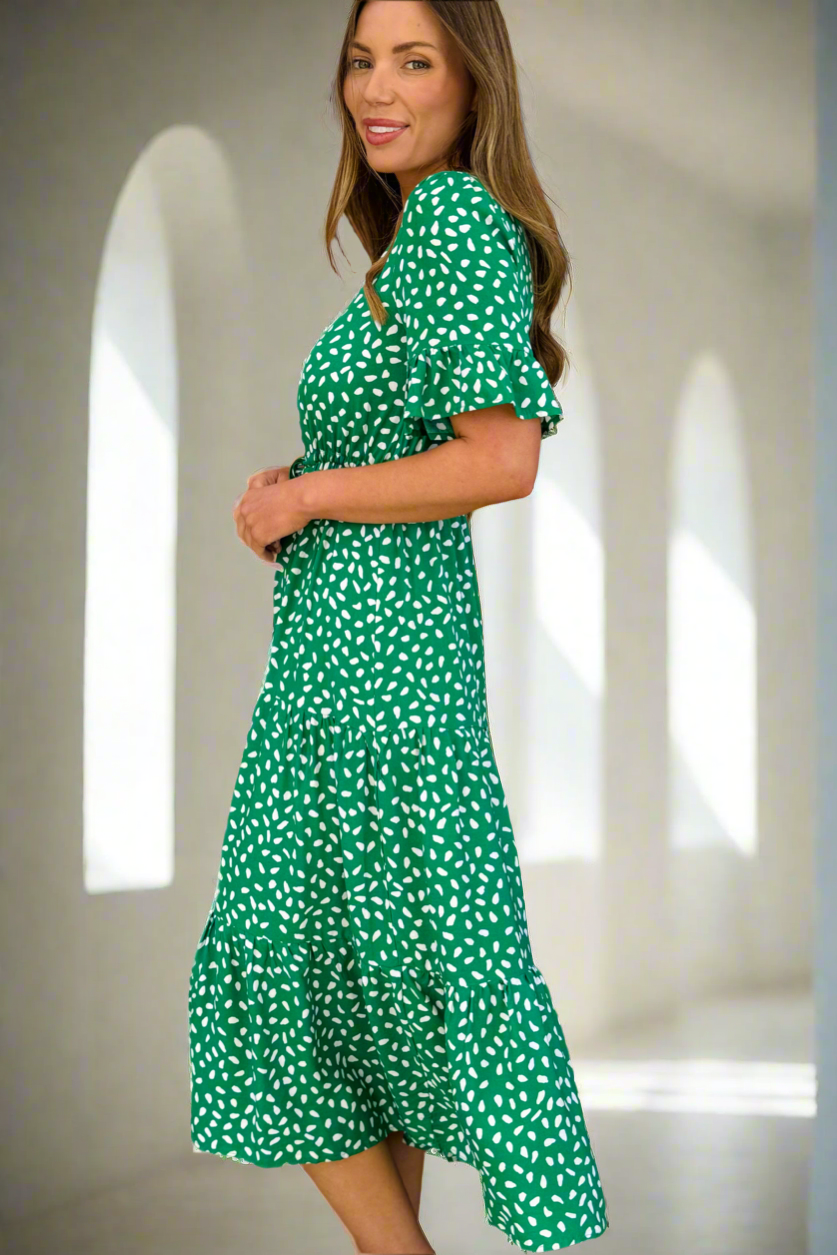 Jeannie Midi Dress  in Apple Green and White- Restocked