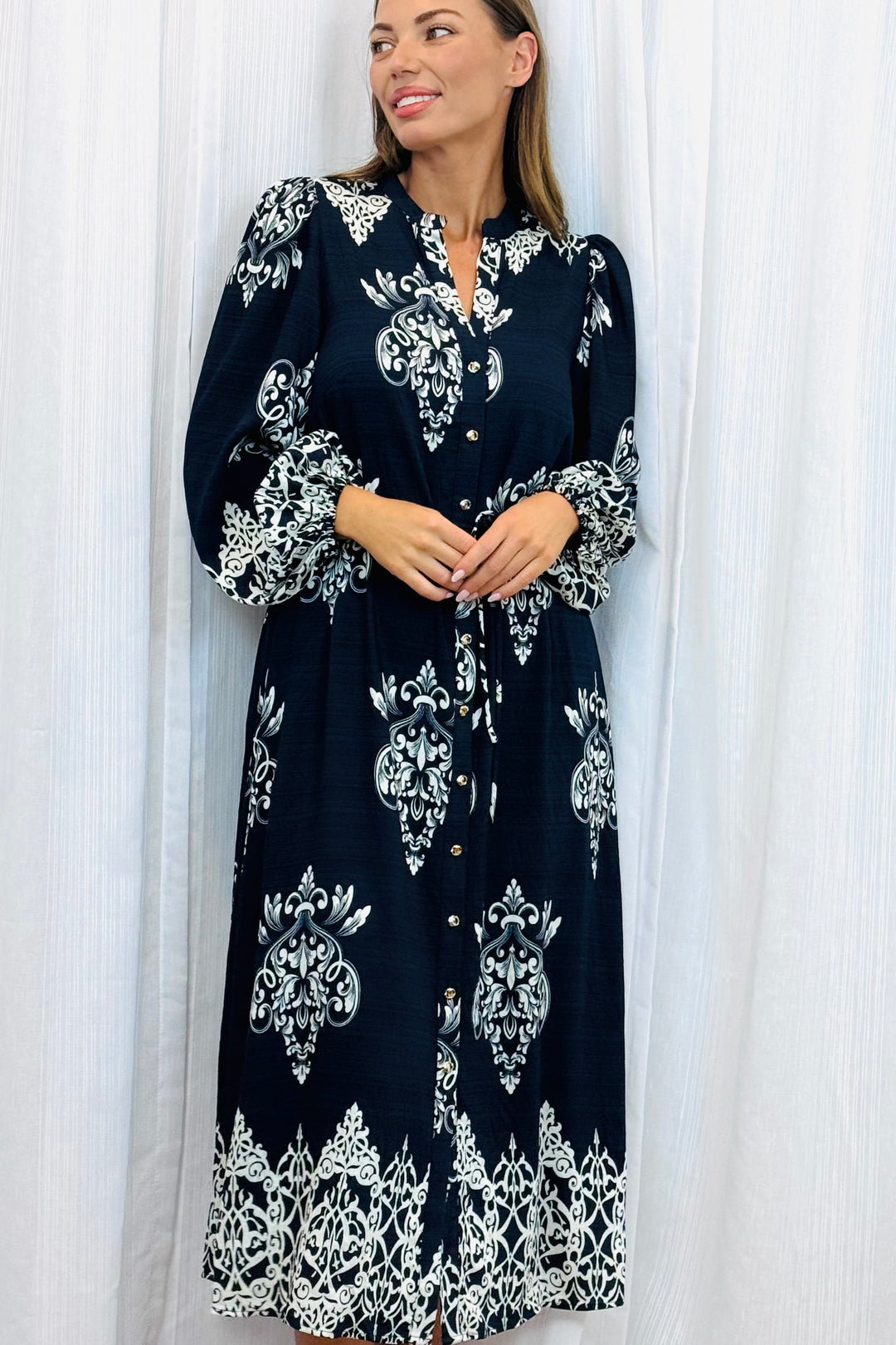 Mina Black Multi Print Dress With Off White Print