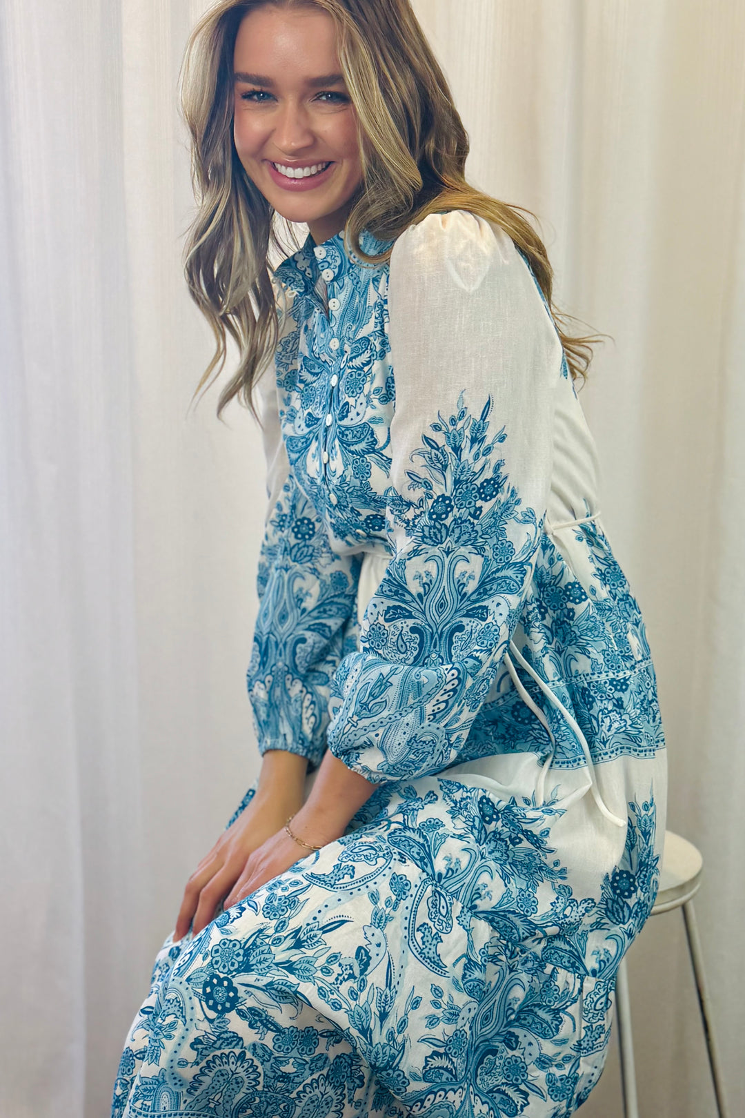 Sabrina Off White and Blue Print Midi Dress