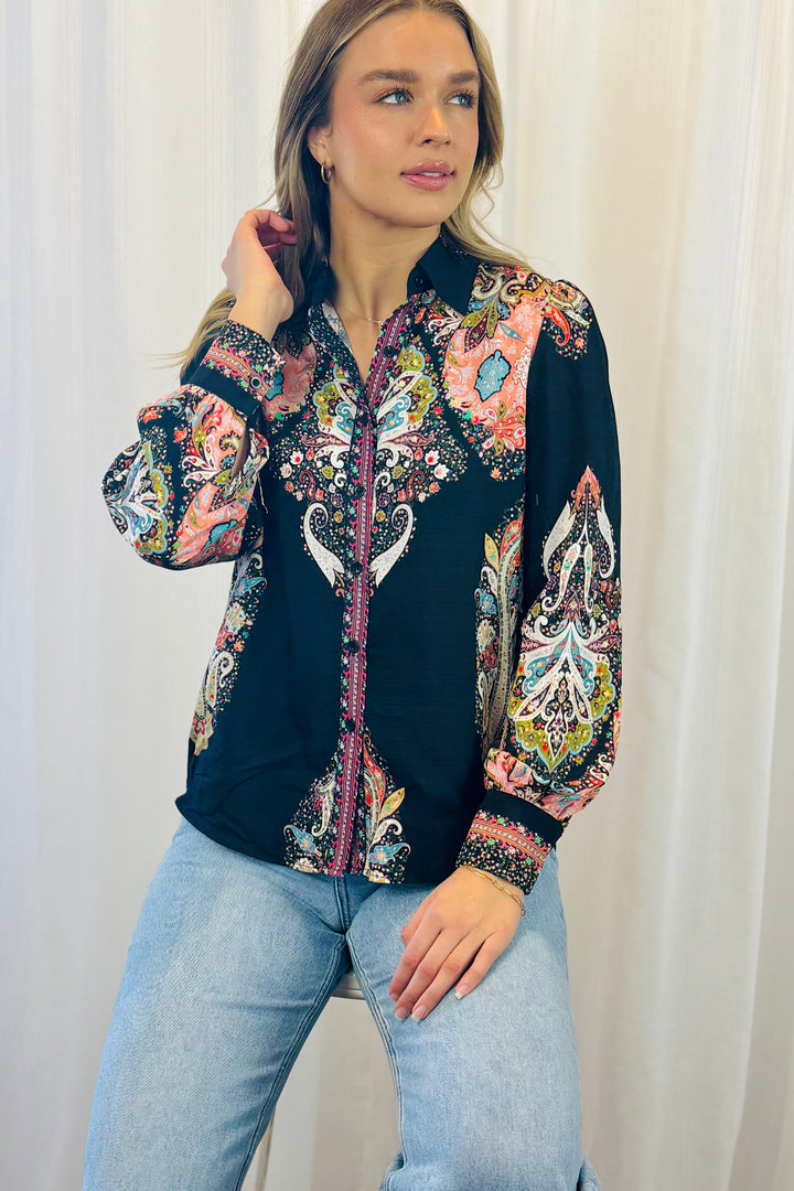Gidget Embroidered Multi Print Shirt In Black