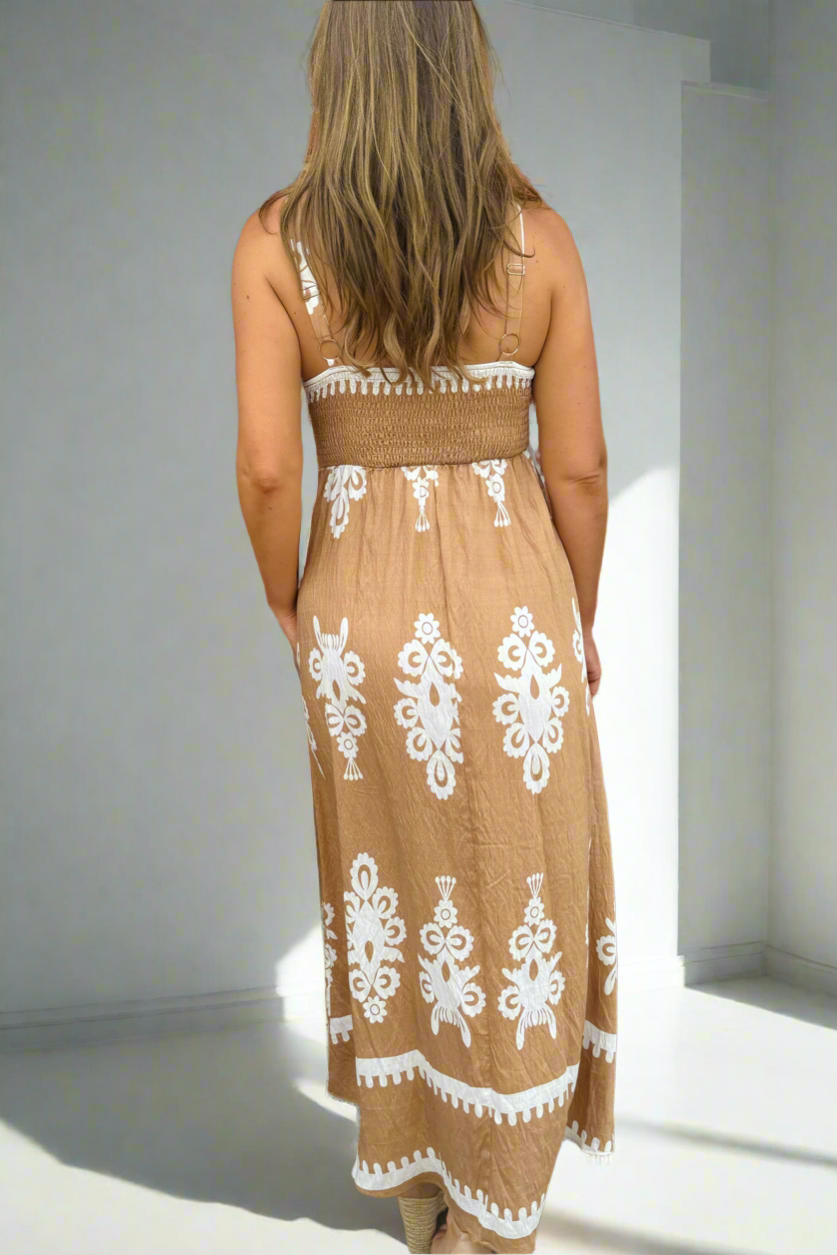 Positano Embroidery Print Maxi Dress in Latte and White