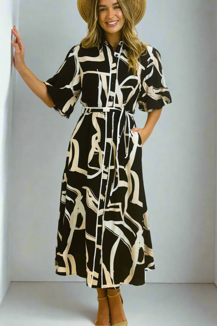 Leah Shirt Dress in New Black Print