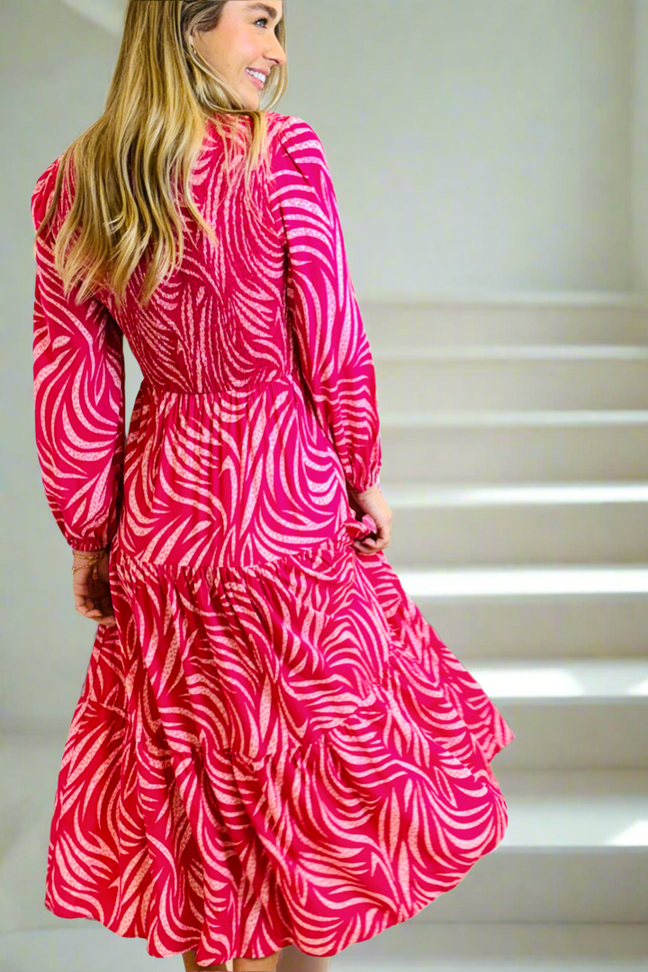 Mina Shirred Midi Dress In Hot Pink Print