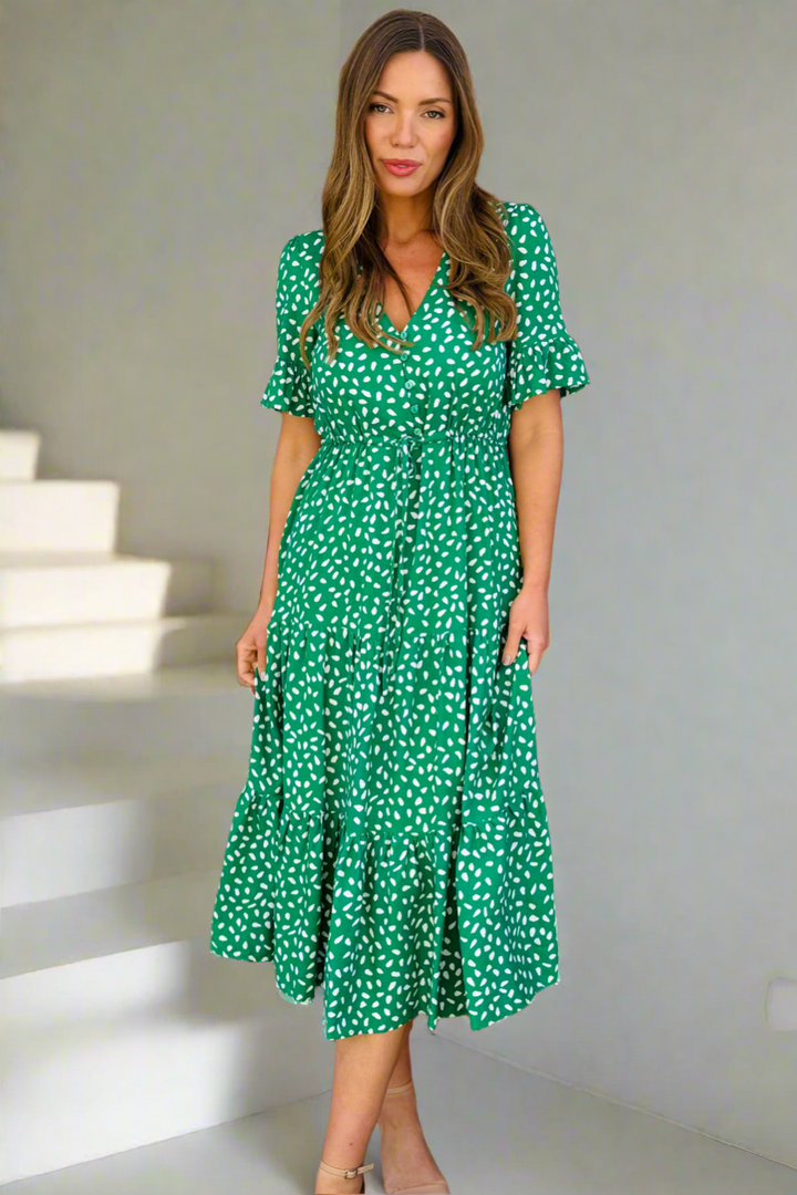 Jeannie Midi Dress  in Apple Green and White- Restocked