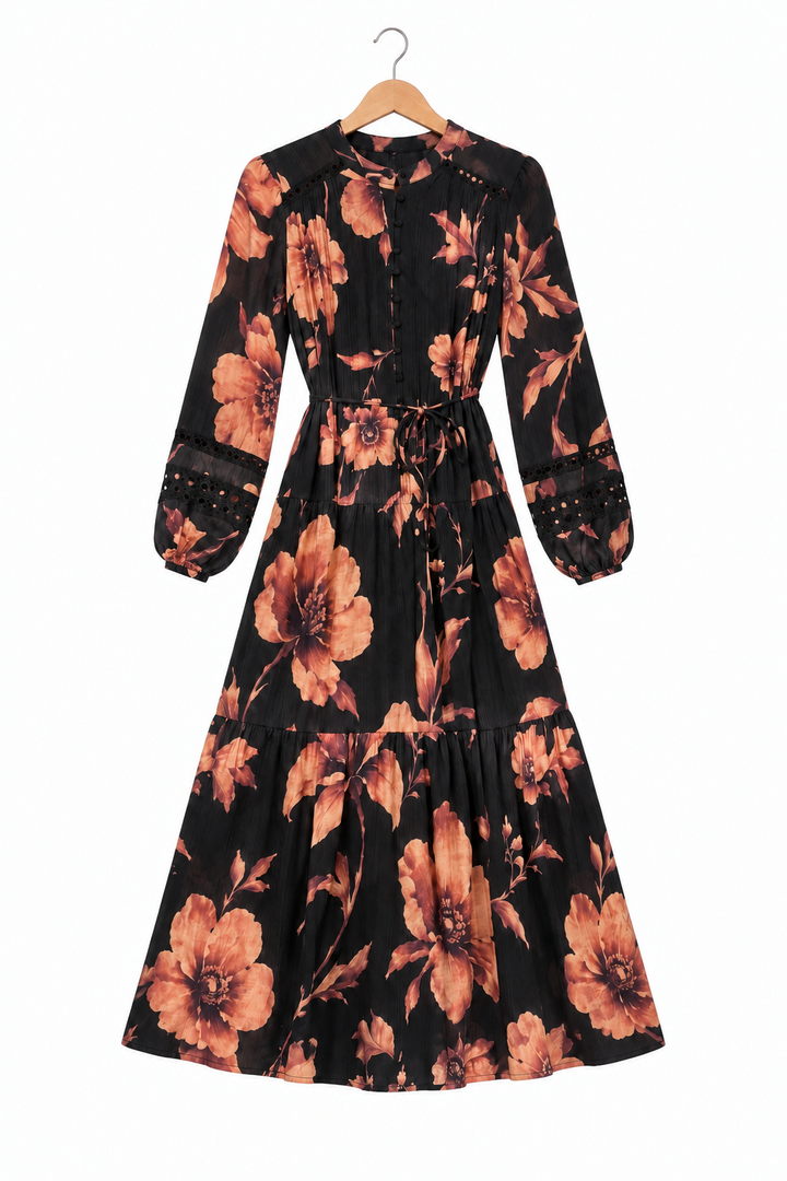Catia Black And Burnt Orange Floral Dress With lace Trim