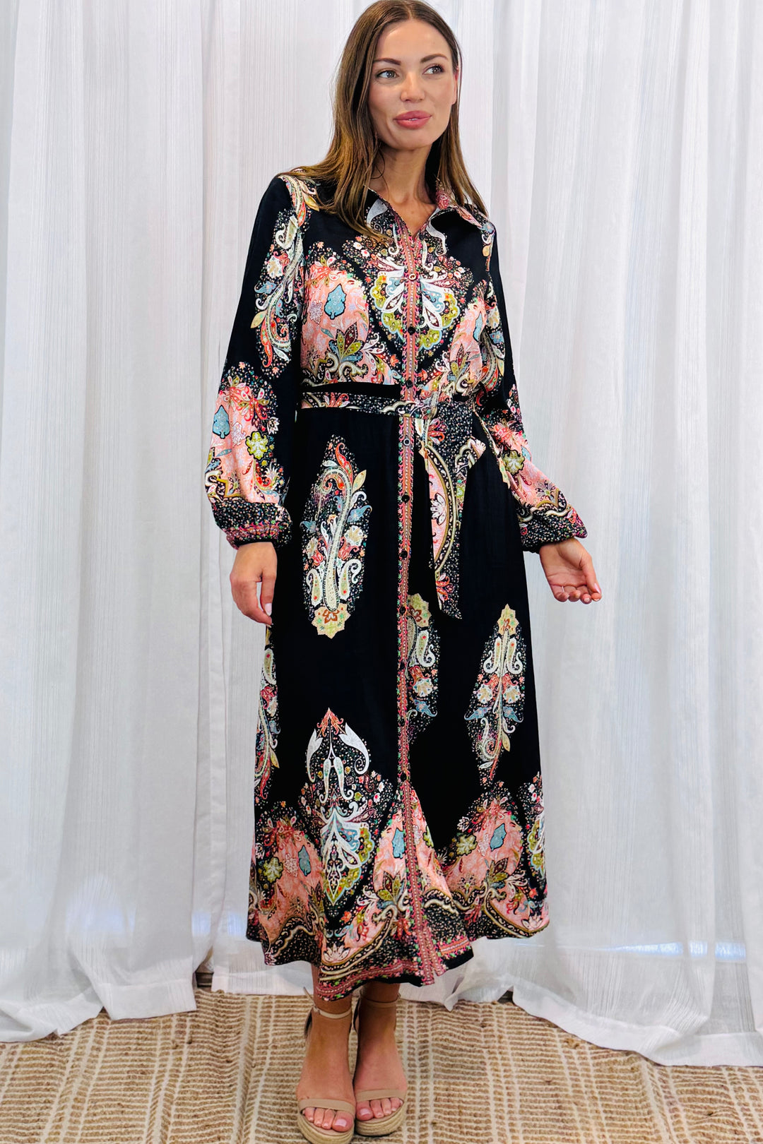 Gidget Long Sleeve Black Embroidered Print Dress in Long Sleeve