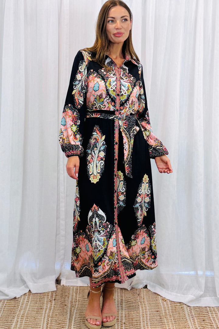 Gidget Long Sleeve Black Embroidered Print Dress in Long Sleeve