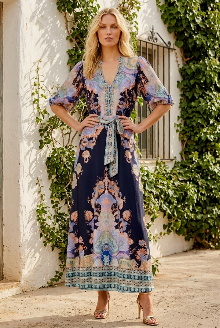 Georgina Dark Navy Embroidered Print Dress