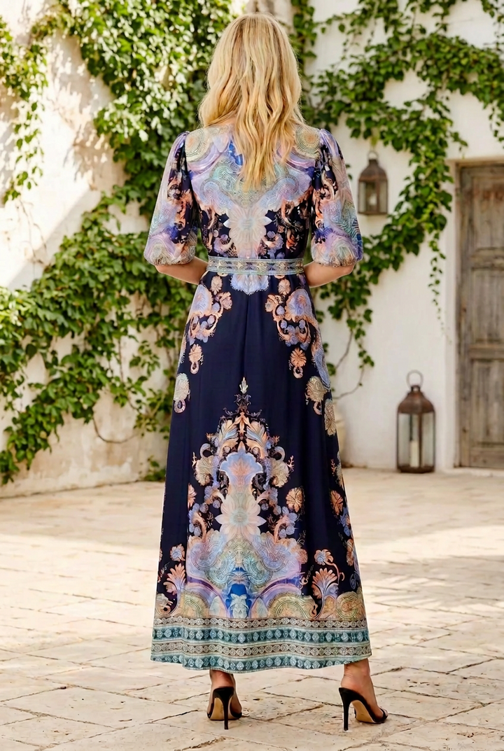 Georgina Dark Navy Embroidered Print Dress