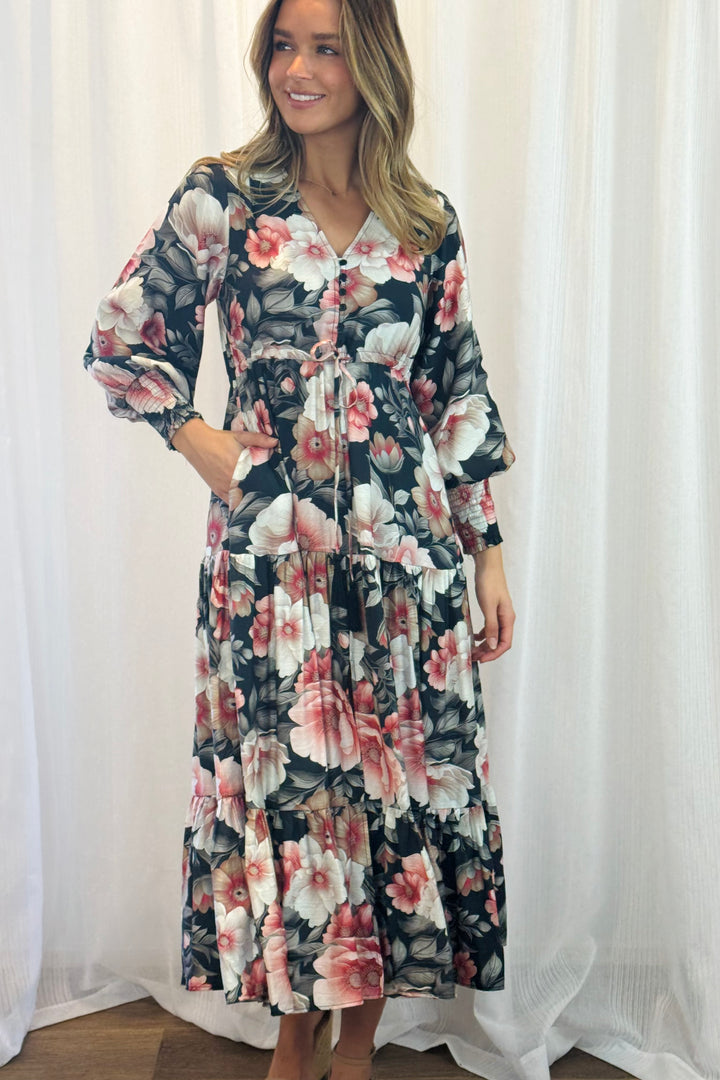 Yasmine Floral Drawstring Maxi Dress with Front Split