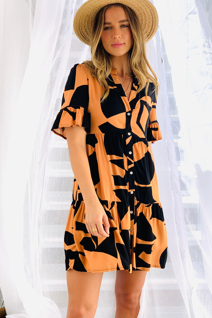 Stella Short Sleeve  Dress in Orange and Black Print