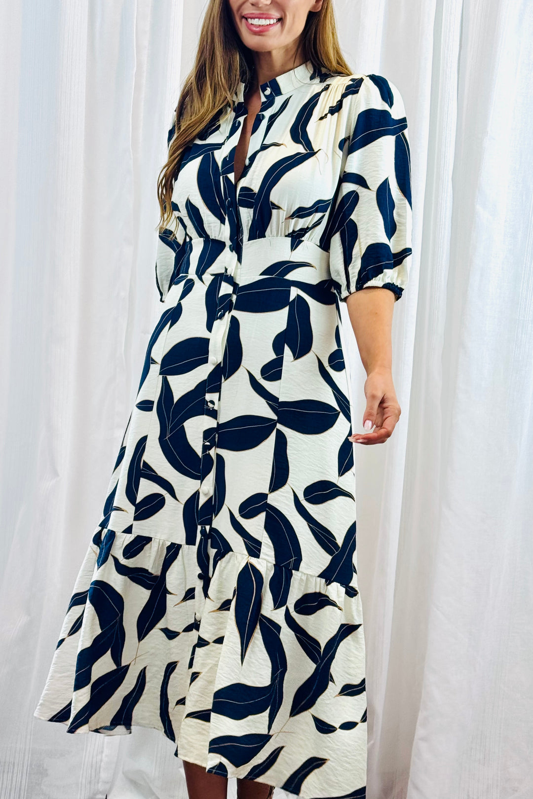 Ivy Dress in Navy and Off White  Multi Print