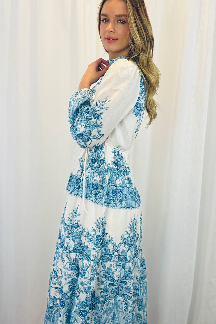 Sabrina Off White and Blue Print Midi Dress