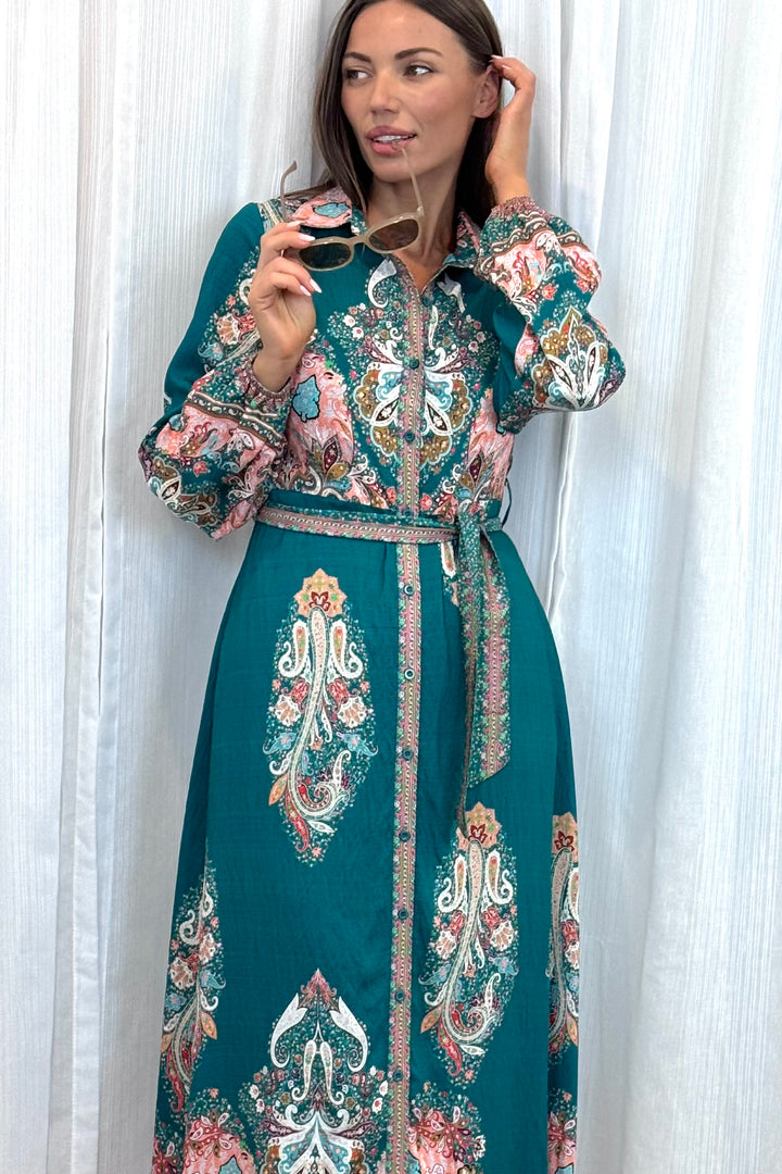 Gidget Dress  in Green Long Sleeve Print