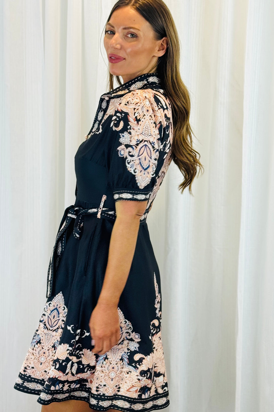 Georgia Multi Embroidered Print Dress in Black