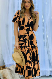 Santorini  Short Sleeve Midi Dress in Orange and Black Print