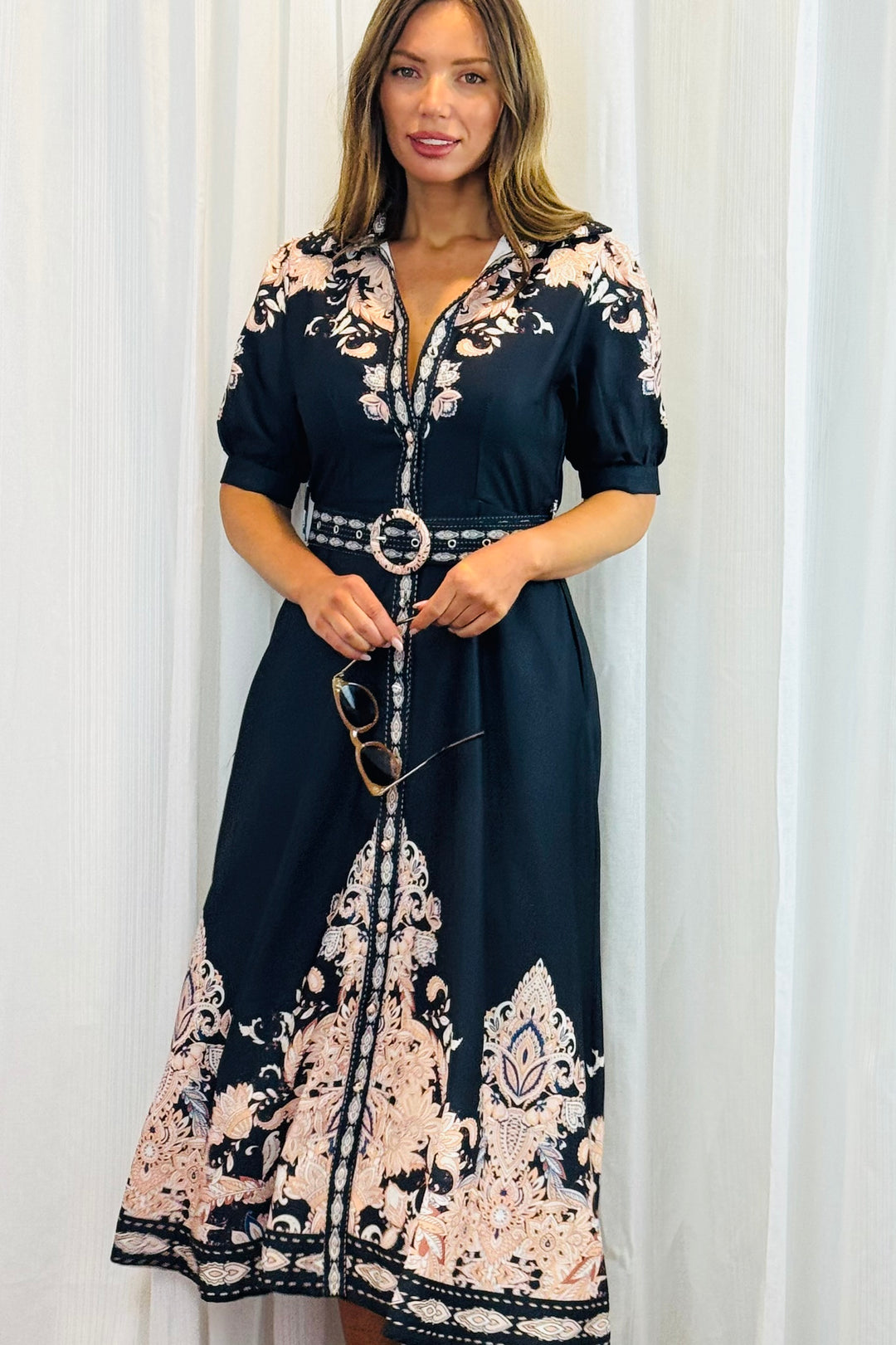 Georgia Black Maxi Dress With Embroidered Print