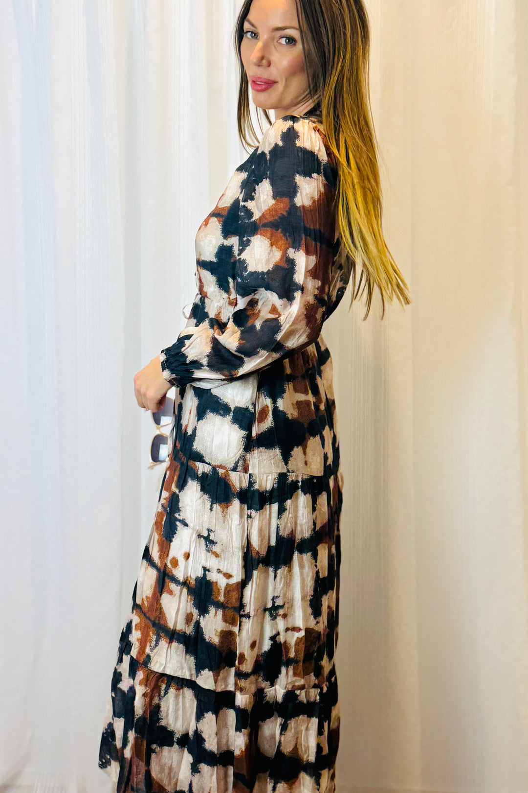 Macey Black and Beige Multi Print Dress