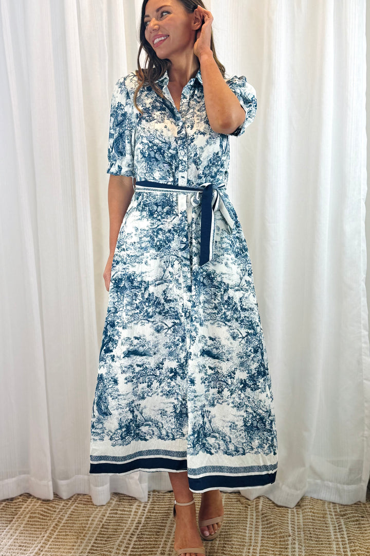 April Blue and Off White Multi Print Short Sleeve Dress