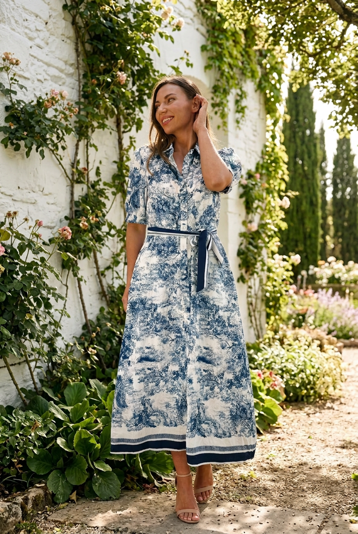 April Blue and Off White Multi Print Short Sleeve Dress