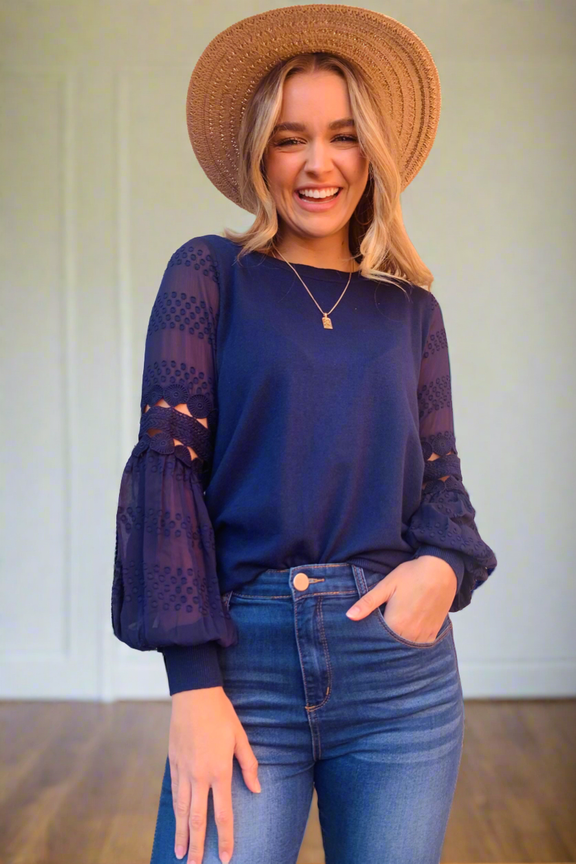 Molli Knit Top Detailed Sleeve  in Navy