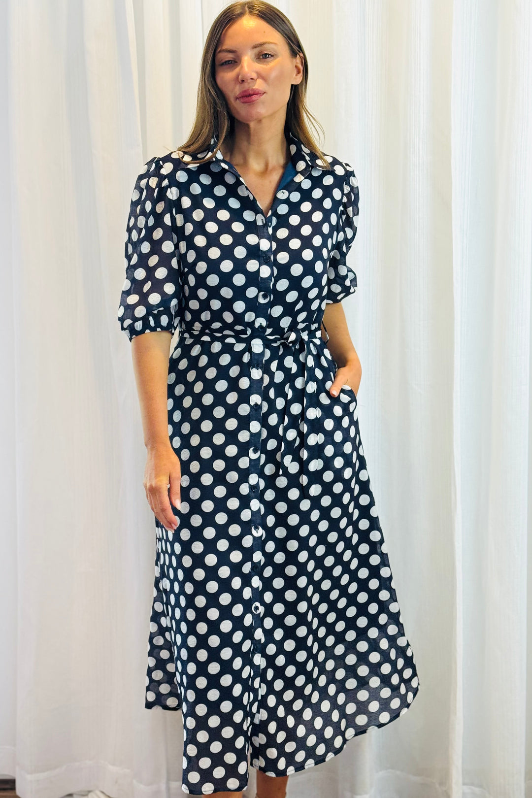 Fallon Shirt Dress In Navy and White Polka Dot-New Print