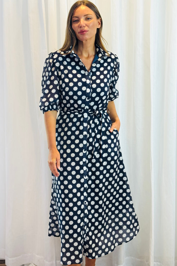 Fallon Shirt Dress In Navy and White Polka Dot-New Print