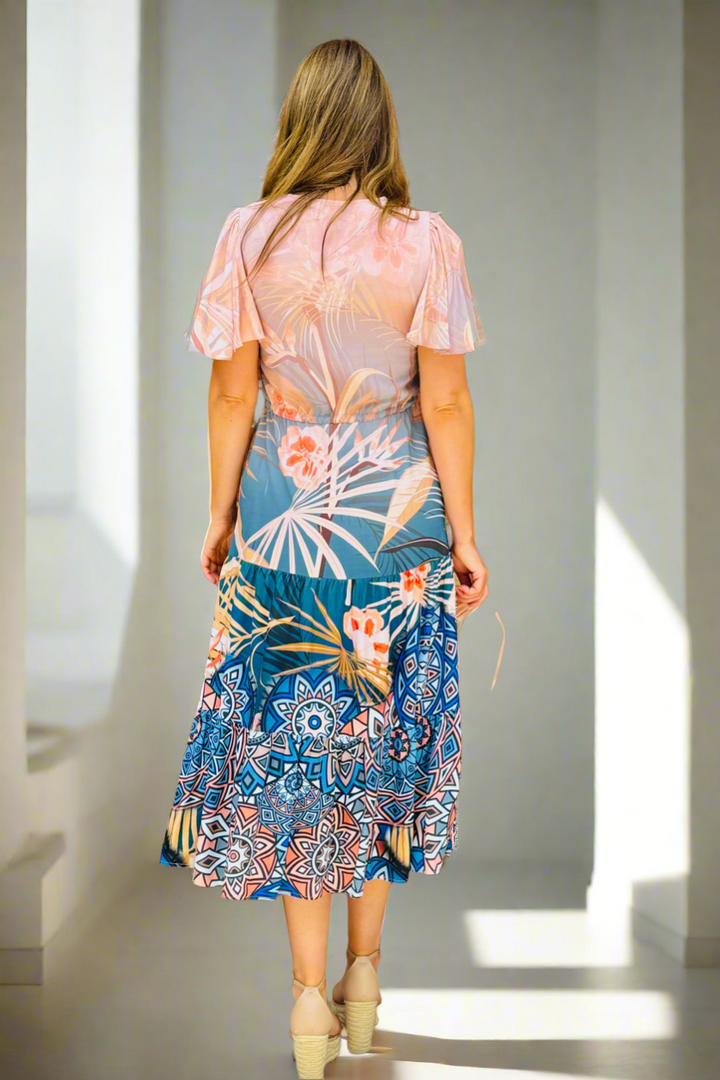 Sorrento Multi Print Midi in Apricot and Blue