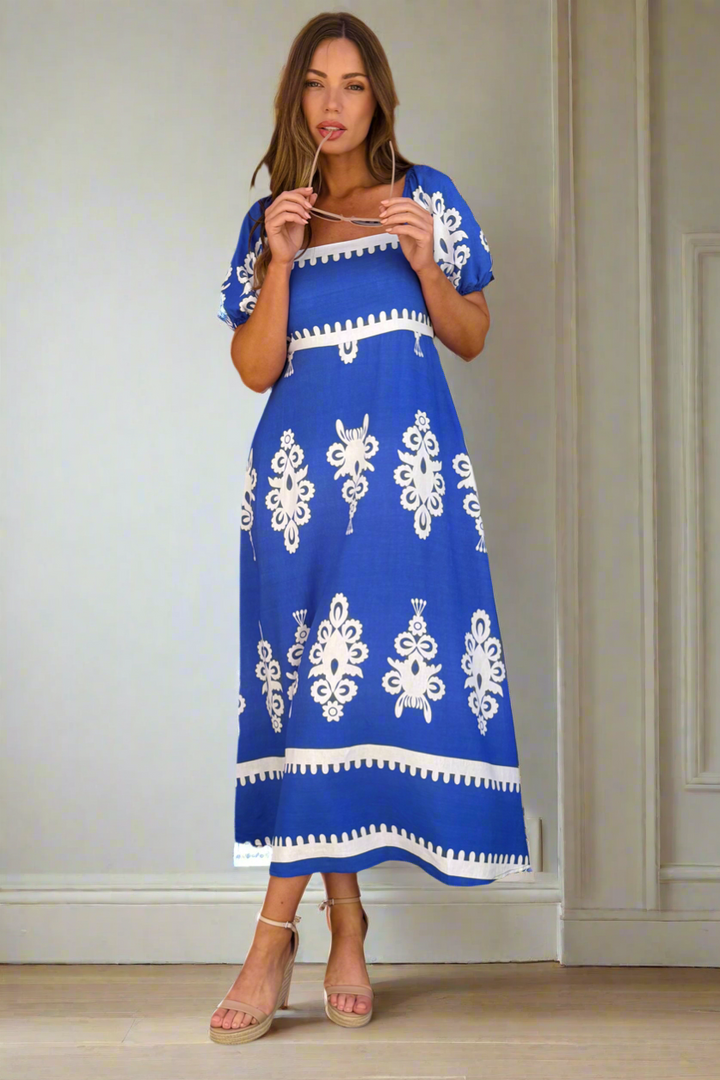 Bonnie Maxi Dress in Blue With White Print