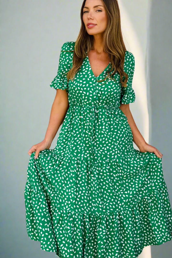 Jeannie Midi Dress  in Apple Green and White- Restocked