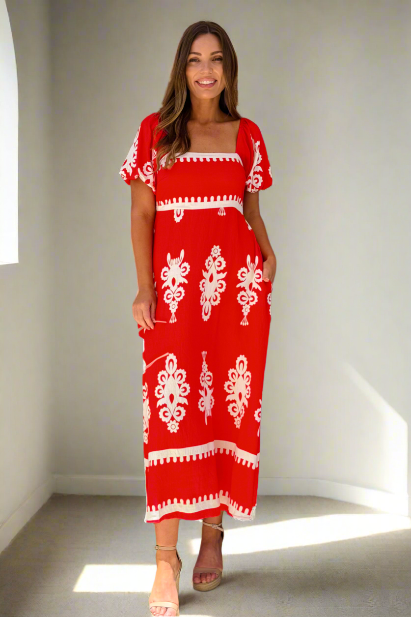 Bonnie Embroidered Print Dress in Red