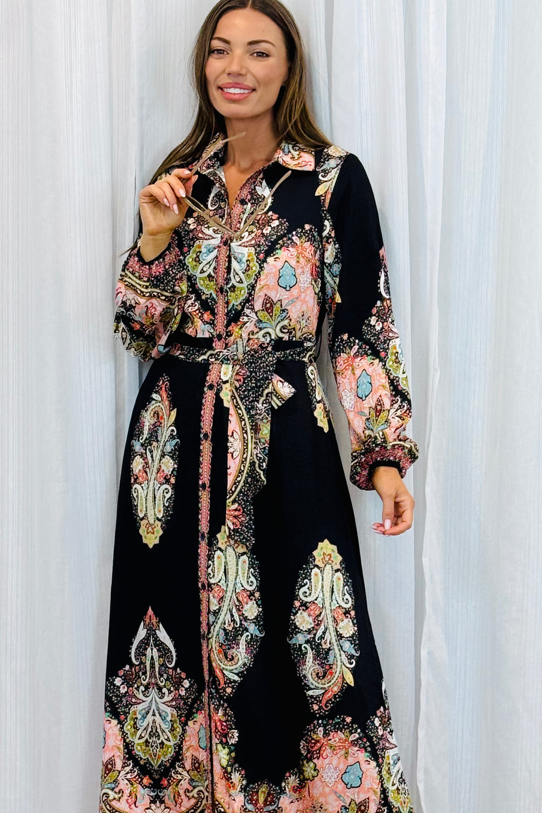 Gidget Long Sleeve Black Embroidered Print Dress in Long Sleeve