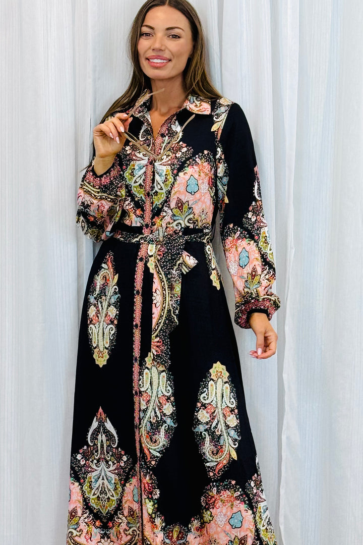 Gidget Long Sleeve Black Embroidered Print Dress in Long Sleeve