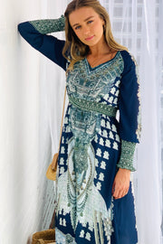 Eden Long Sleeve Navy Print Midi Dress with Beading